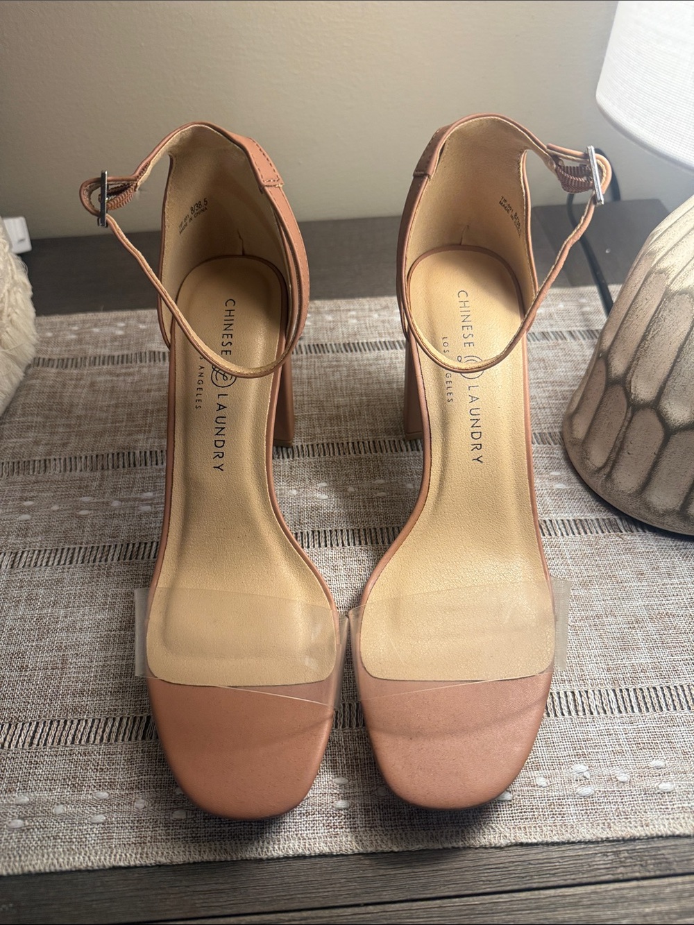 Chinese Laundry Nude Tan Ankle-Strap Block Heels with Clear Toe Band Never Worn